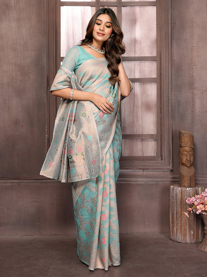 Janasya Light Blue Cotton Linen Floral Woven Saree - Distacart