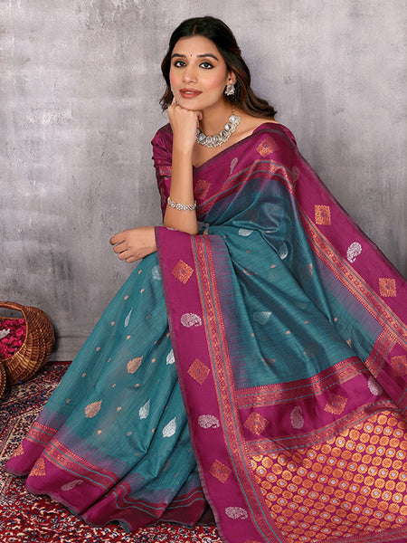 Janasya Teal Blue Cotton Linen Paisley Woven Saree