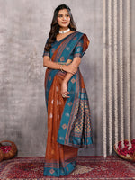 Thumbnail for Janasya Rust Cotton Linen Paisley Kanjivaram Saree