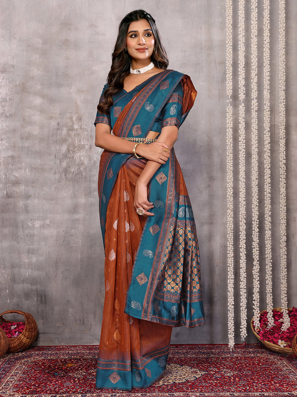 Janasya Rust Cotton Linen Paisley Kanjivaram Saree