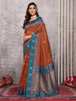 Thumbnail for Janasya Rust Cotton Linen Paisley Kanjivaram Saree