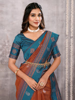 Thumbnail for Janasya Rust Cotton Linen Paisley Kanjivaram Saree