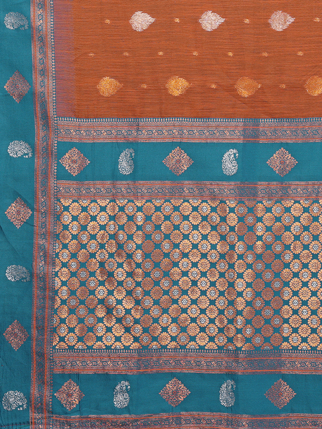Janasya Rust Cotton Linen Paisley Kanjivaram Saree