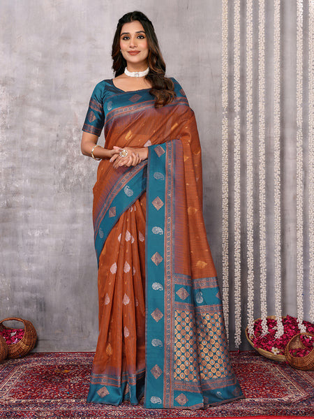 Janasya Rust Cotton Linen Paisley Kanjivaram Saree