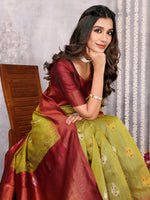 Thumbnail for Janasya Mehndi Green Cotton Linen Ethnic Motifs Kanjivaram Saree