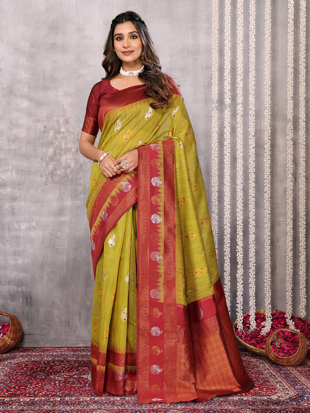 Janasya Mehndi Green Cotton Linen Ethnic Motifs Kanjivaram Saree