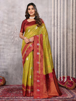 Thumbnail for Janasya Mehndi Green Cotton Linen Ethnic Motifs Kanjivaram Saree
