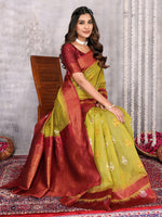 Thumbnail for Janasya Mehndi Green Cotton Linen Ethnic Motifs Kanjivaram Saree