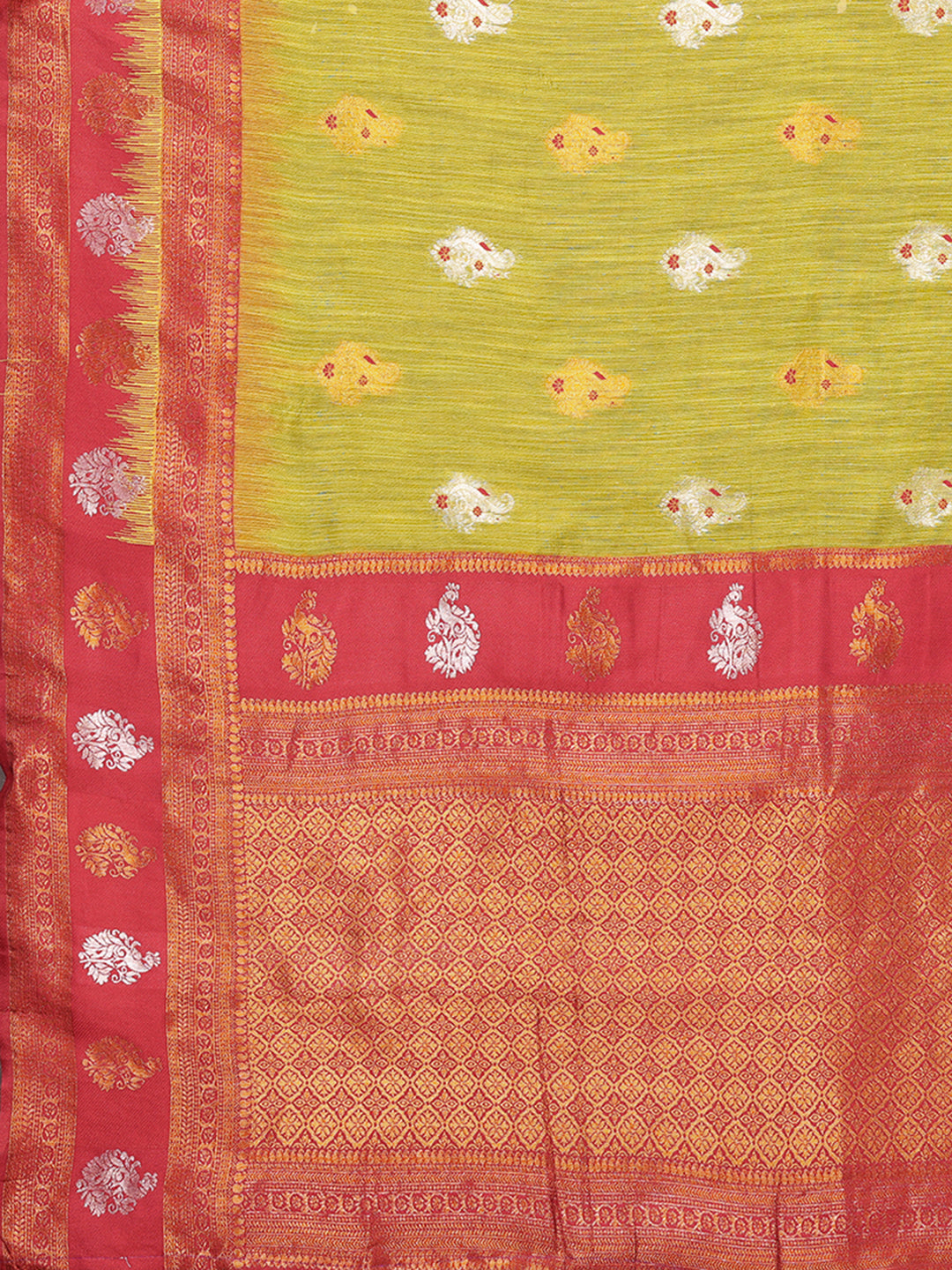Janasya Mehndi Green Cotton Linen Ethnic Motifs Kanjivaram Saree