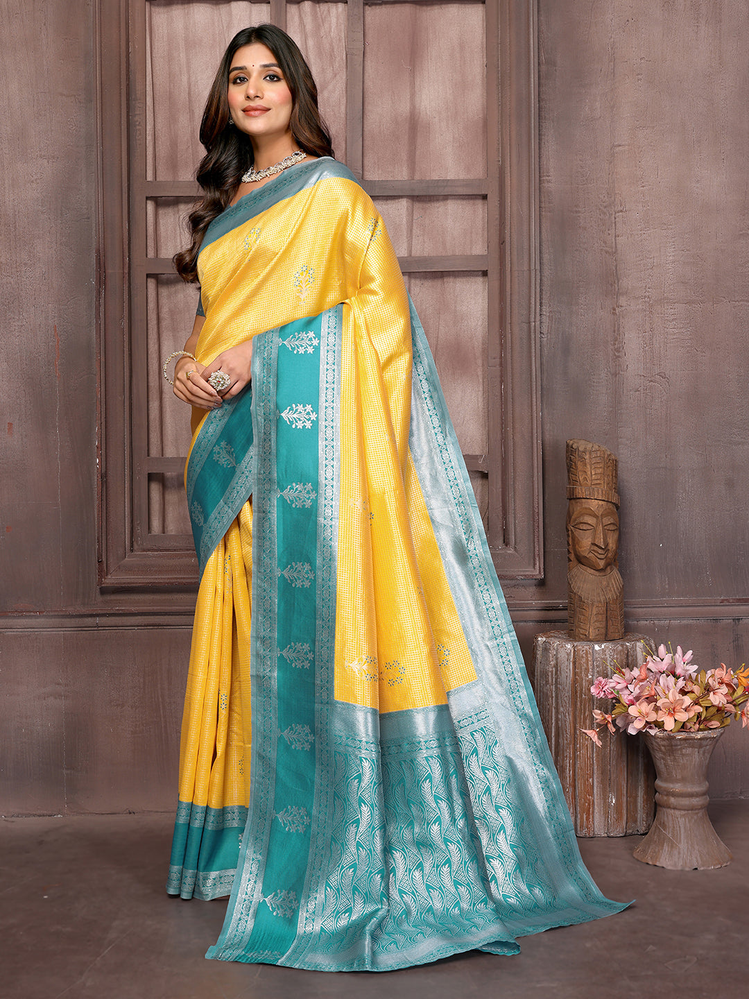 Janasya Yellow Silk Blend Checked Jacquard Border Saree