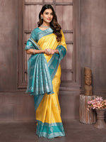 Thumbnail for Janasya Yellow Silk Blend Checked Jacquard Border Saree
