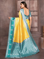 Thumbnail for Janasya Yellow Silk Blend Checked Jacquard Border Saree