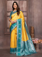 Thumbnail for Janasya Yellow Silk Blend Checked Jacquard Border Saree