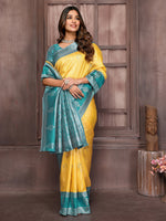 Thumbnail for Janasya Yellow Silk Blend Checked Jacquard Border Saree
