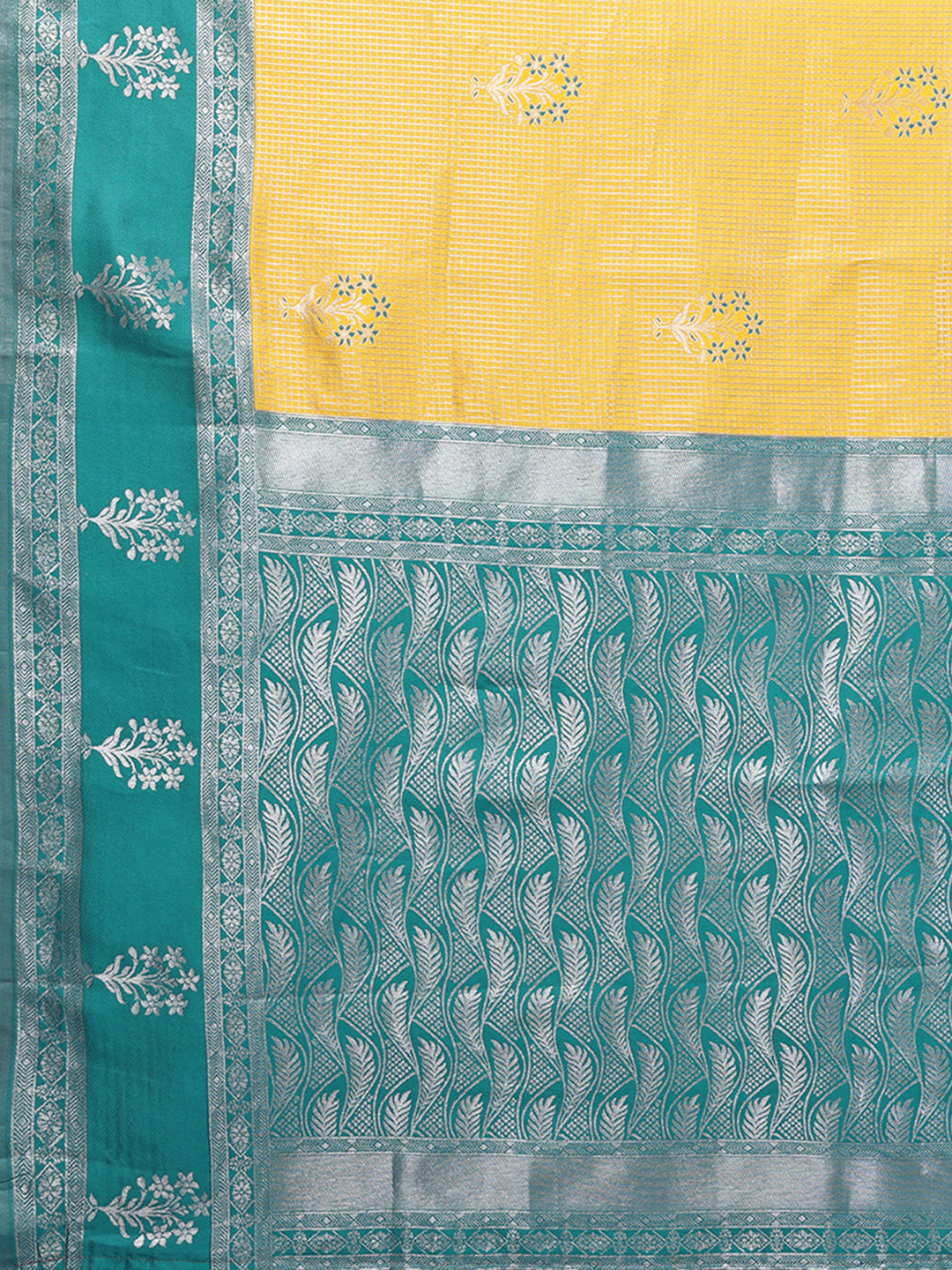 Janasya Yellow Silk Blend Checked Jacquard Border Saree