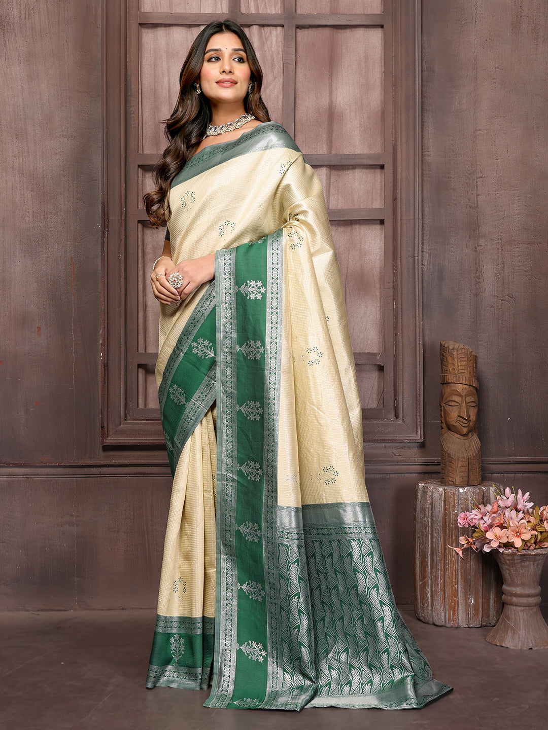 Janasya Beige Silk Blend Checked Jacquard Border Saree