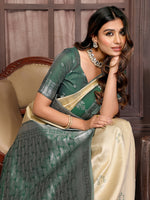 Thumbnail for Janasya Beige Silk Blend Checked Jacquard Border Saree
