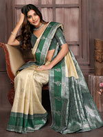 Thumbnail for Janasya Beige Silk Blend Checked Jacquard Border Saree