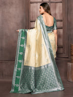 Thumbnail for Janasya Beige Silk Blend Checked Jacquard Border Saree