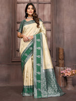 Thumbnail for Janasya Beige Silk Blend Checked Jacquard Border Saree
