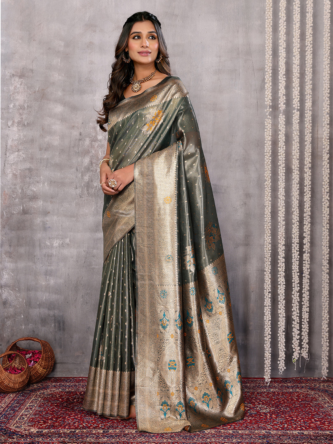 Janasya Olive Silk Blend Ethnic Motifs Banarasi Saree
