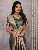 Thumbnail for Janasya Olive Silk Blend Ethnic Motifs Banarasi Saree
