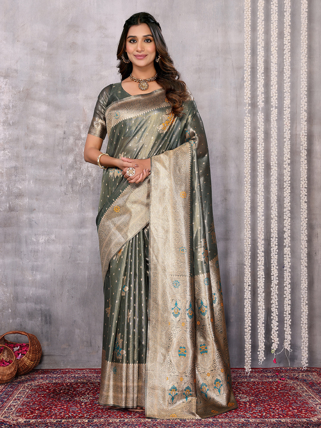 Janasya Olive Silk Blend Ethnic Motifs Banarasi Saree