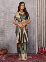 Thumbnail for Janasya Olive Silk Blend Ethnic Motifs Banarasi Saree