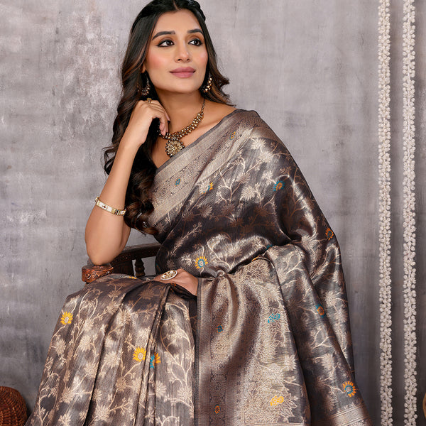Janasya Blue & Gold Silk Blend Floral Banarasi Saree - Distacart