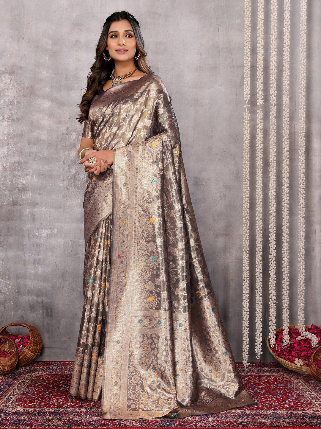 Janasya Blue & Gold Silk Blend Floral Banarasi Saree