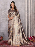Thumbnail for Janasya Blue & Gold Silk Blend Floral Banarasi Saree