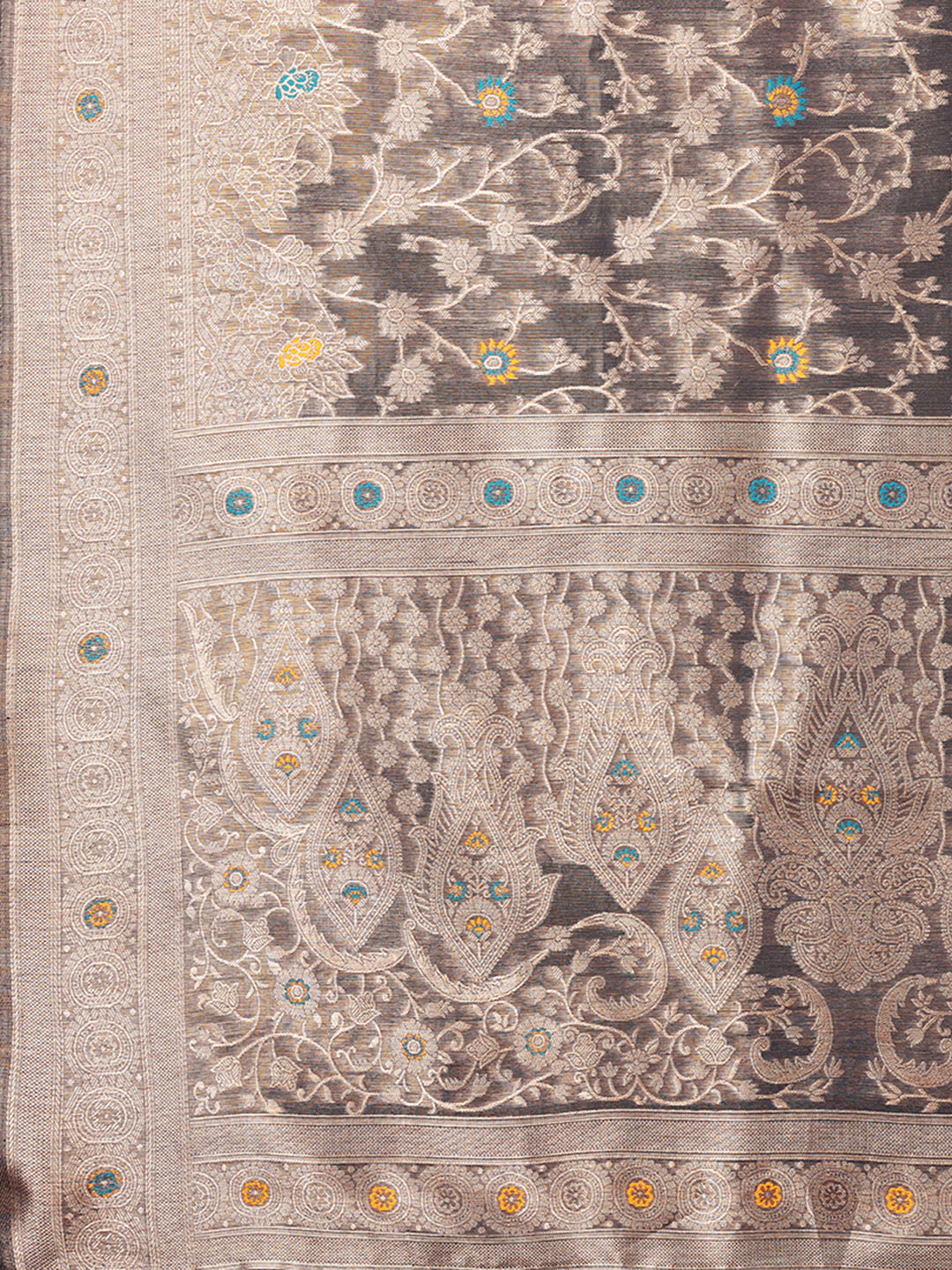 Janasya Blue & Gold Silk Blend Floral Banarasi Saree