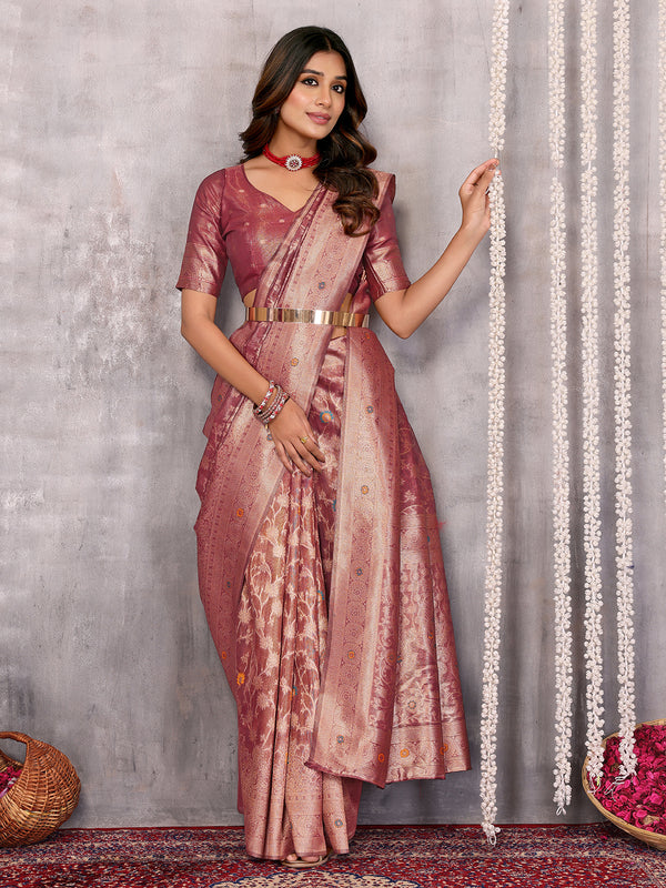 Janasya Mauve Silk Blend Floral Banarasi Saree