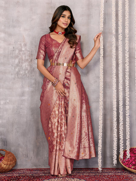 Janasya Mauve Silk Blend Floral Banarasi Saree