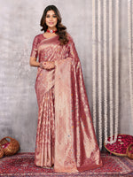 Thumbnail for Janasya Mauve Silk Blend Floral Banarasi Saree