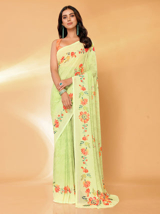 Janasya Light Green Georgette Floral Printed Saree