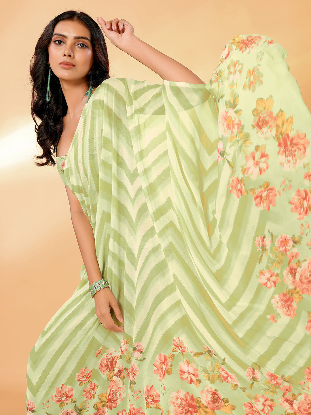 Janasya Light Green Georgette Floral Printed Saree