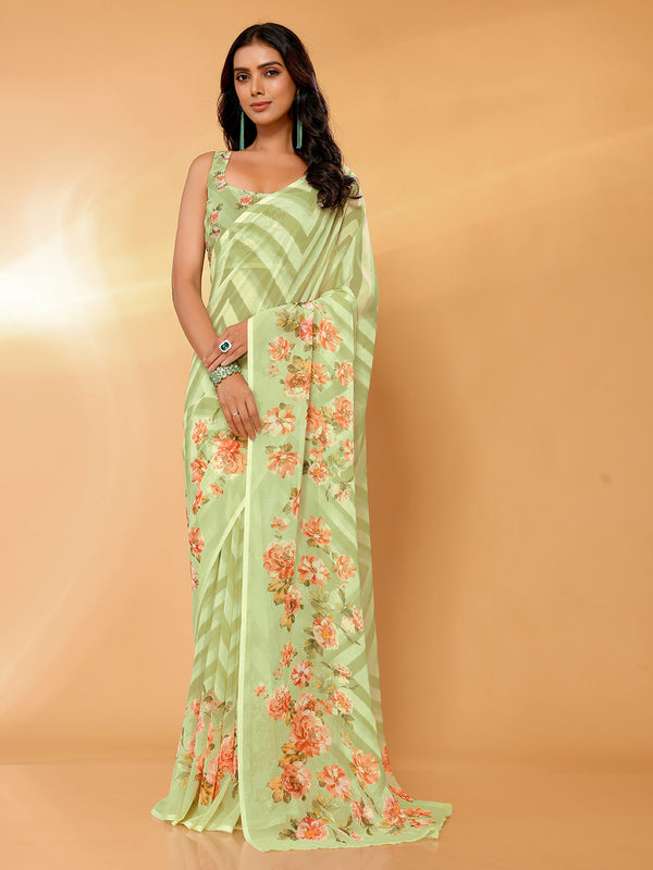 Janasya Light Green Georgette Floral Printed Saree