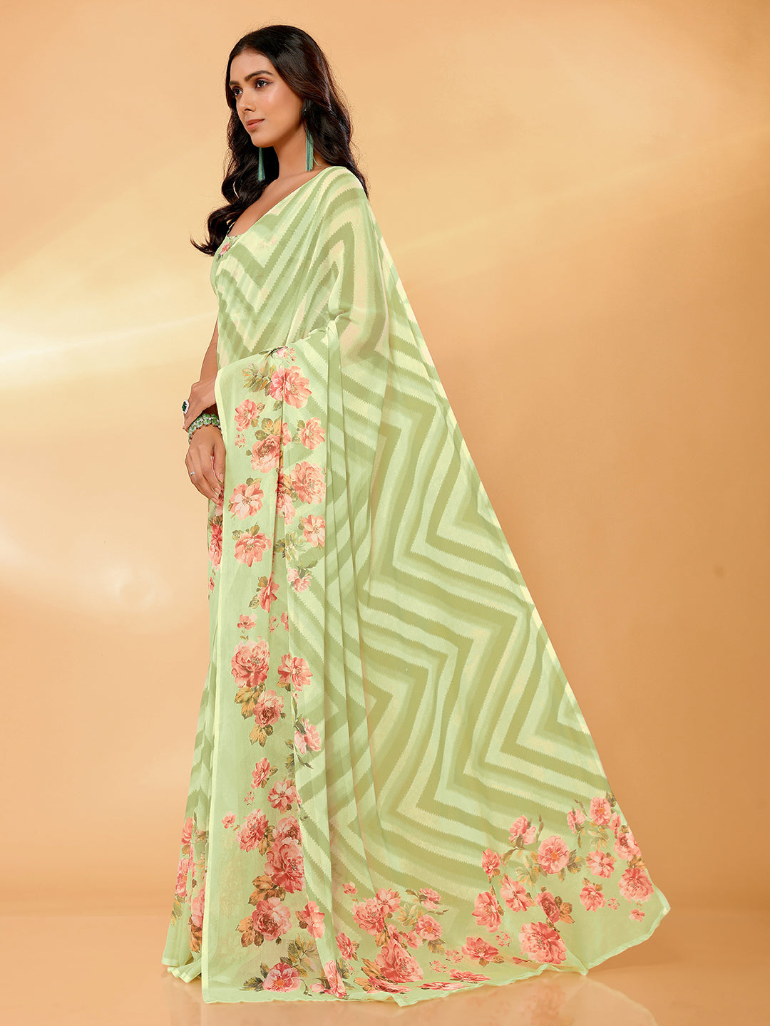 Janasya Light Green Georgette Floral Printed Saree