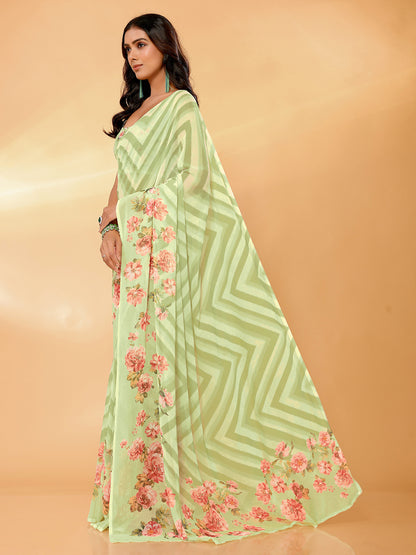 Janasya Light Green Georgette Floral Printed Saree - Distacart
