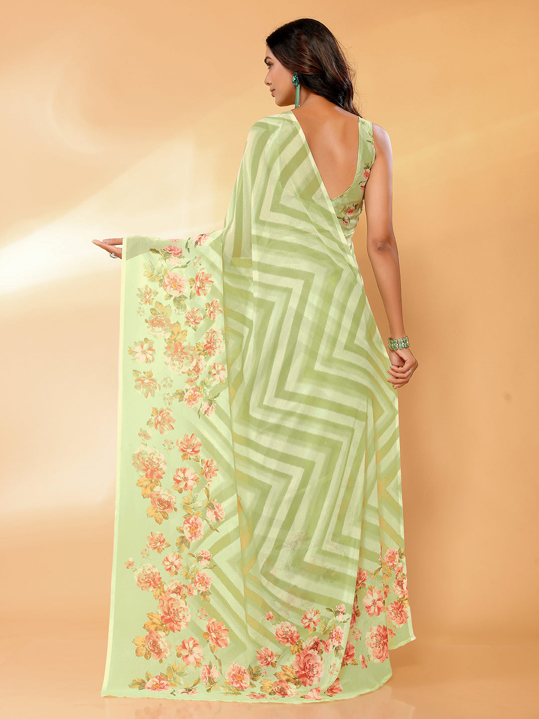 Janasya Light Green Georgette Floral Printed Saree
