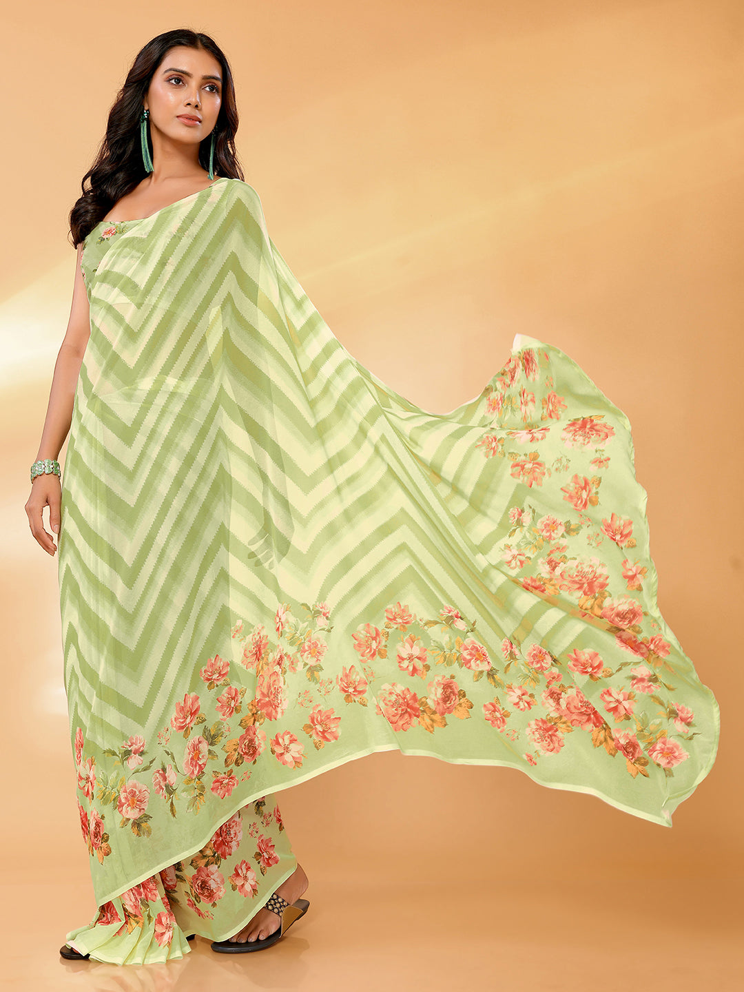 Janasya Light Green Georgette Floral Printed Saree