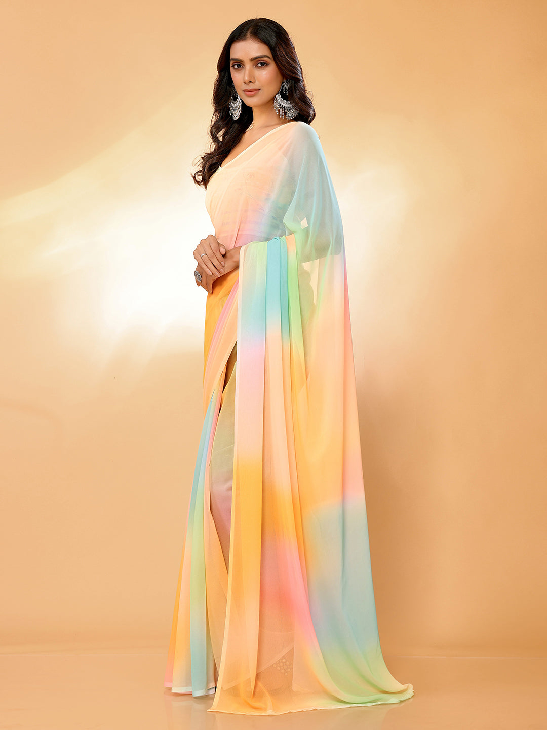 Janasya Multicolor Georgette Ombre Printed Saree