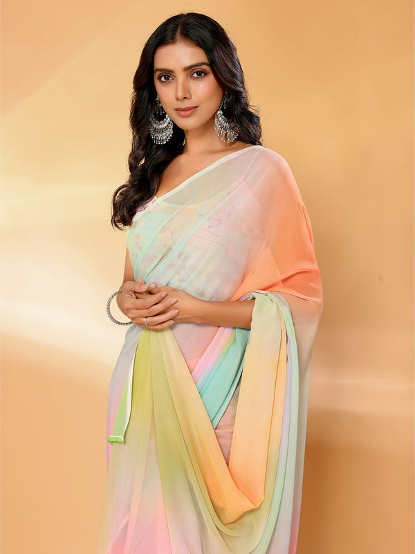 Janasya Multicolor Georgette Ombre Printed Saree