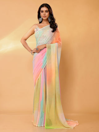 Janasya Multicolor Georgette Ombre Printed Saree