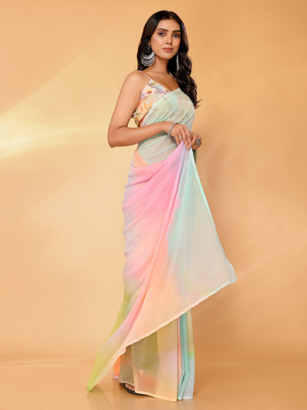 Janasya Multicolor Georgette Ombre Printed Saree