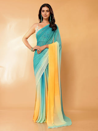 Janasya Multicolor Georgette Ombre Printed Saree