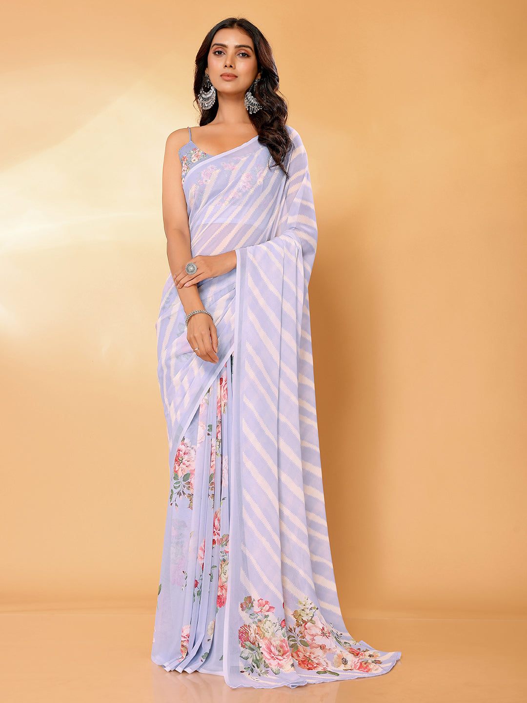 Janasya Lavender Georgette Floral Printed Saree