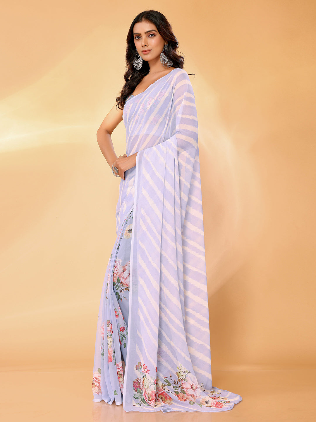 Janasya Lavender Georgette Floral Printed Saree