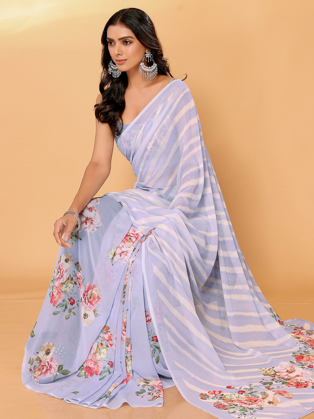 Janasya Lavender Georgette Floral Printed Saree